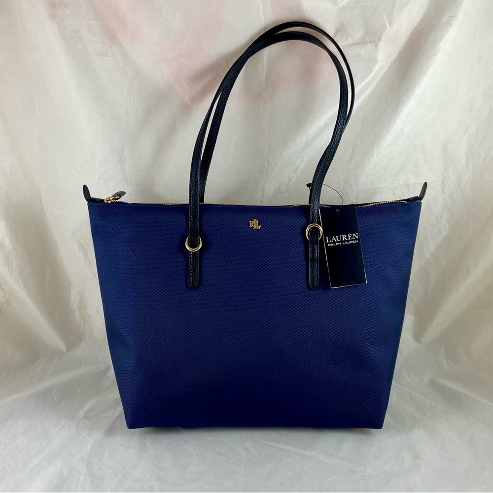 Lauren Ralph Lauren Core Navy Blue Tote Bag W Double Leather Strap Handles NEW